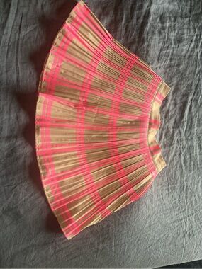 Foreign Exchange Beige and Neon Pink Plaid Pleated Skirt
